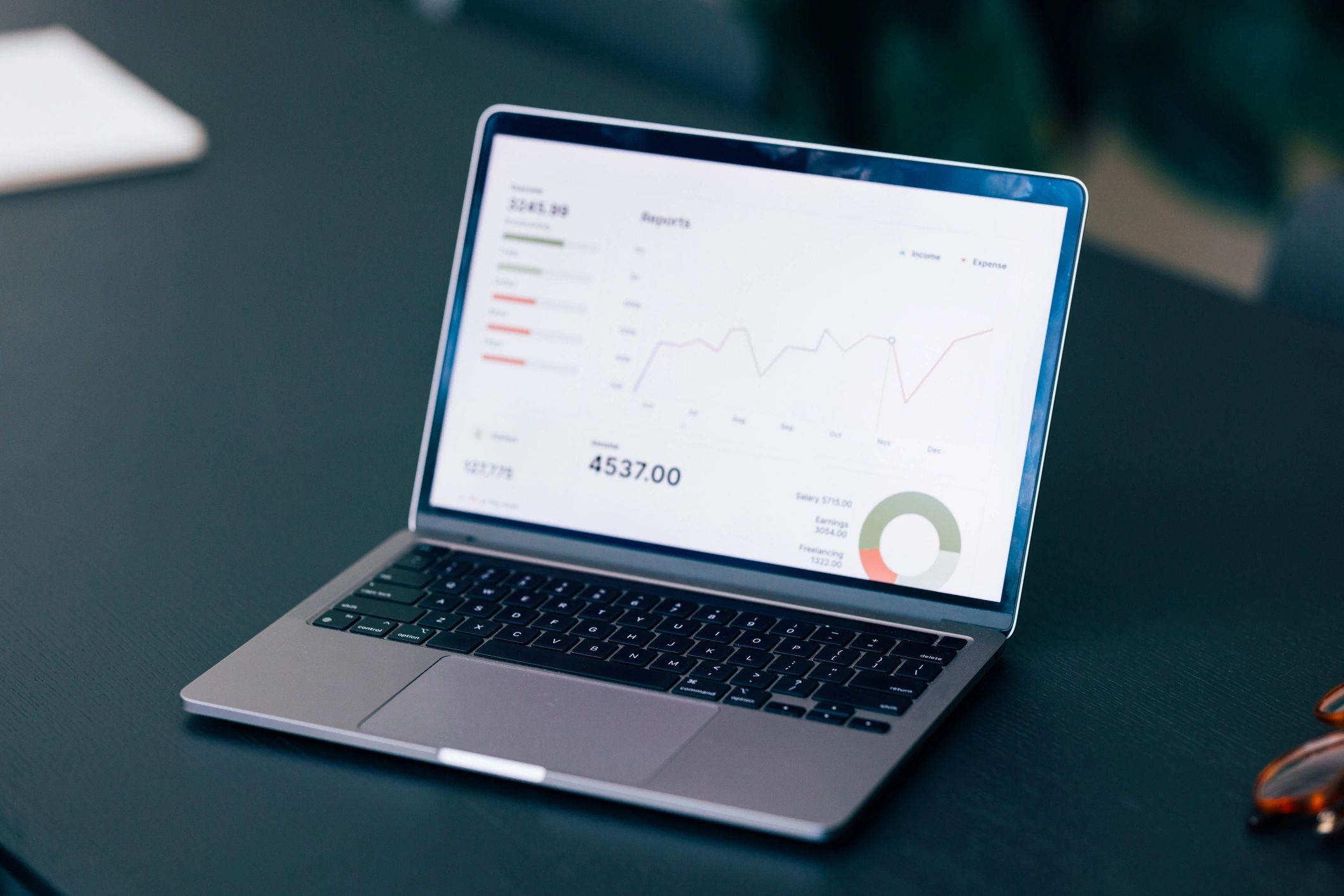 Laptop on a desk showing analytics charts and performance graphs